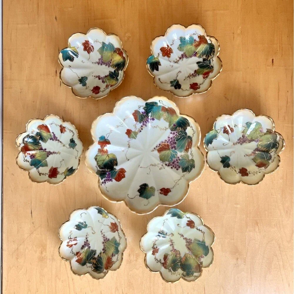 Vtg 1930s Tashiro Shoten Japan Hand Painted Porcelain Berry Bowl Set Grapes 7 Pc